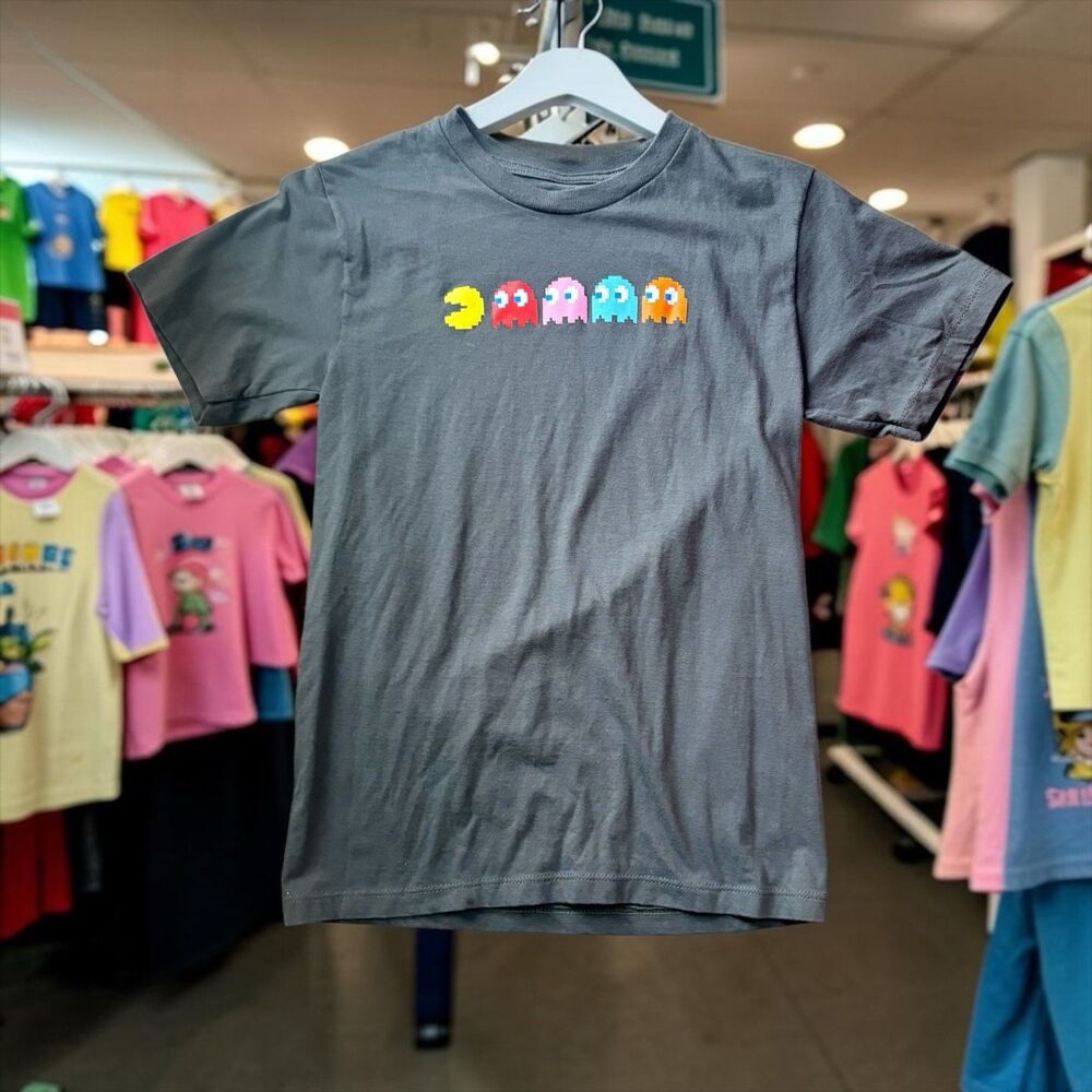 Pac-Man Boys Graphic Tee Size 10 Gray Retro Arcade Shirt Pacman EUC